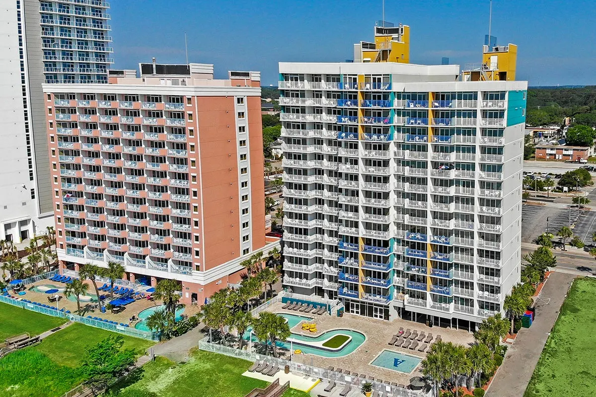 The south tower of Atlantica Resort with its pool deck facing the ocean